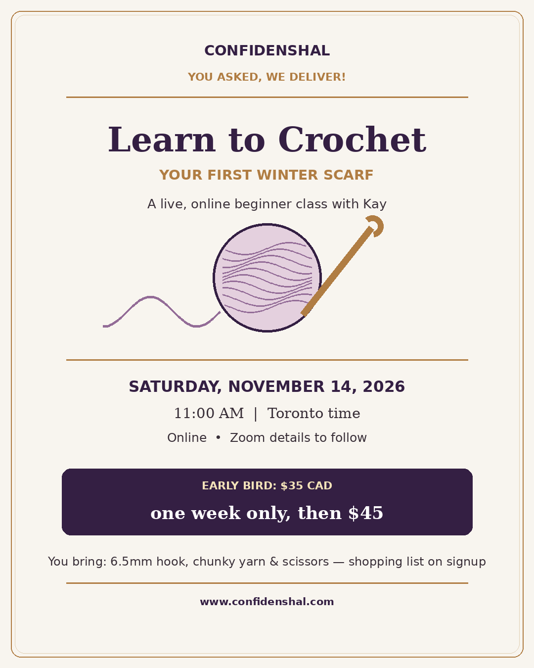 Beginner Crochet Class — Your First Winter Scarf (Nov 14)