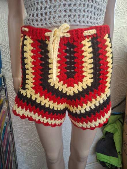 Red, Yellow & Black Crochet Shorts
